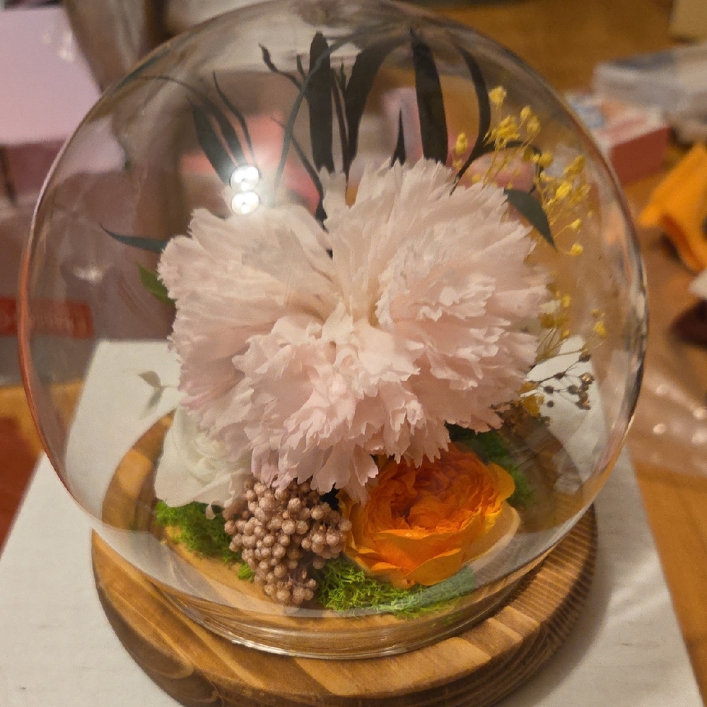 Lights Up Elegant Floral Glass Dome with Wooden Base